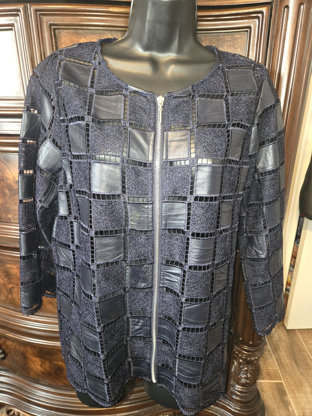 Frank Lyman Design Faux Leather Lace Patchwork Zip Jacket Navy M Medium